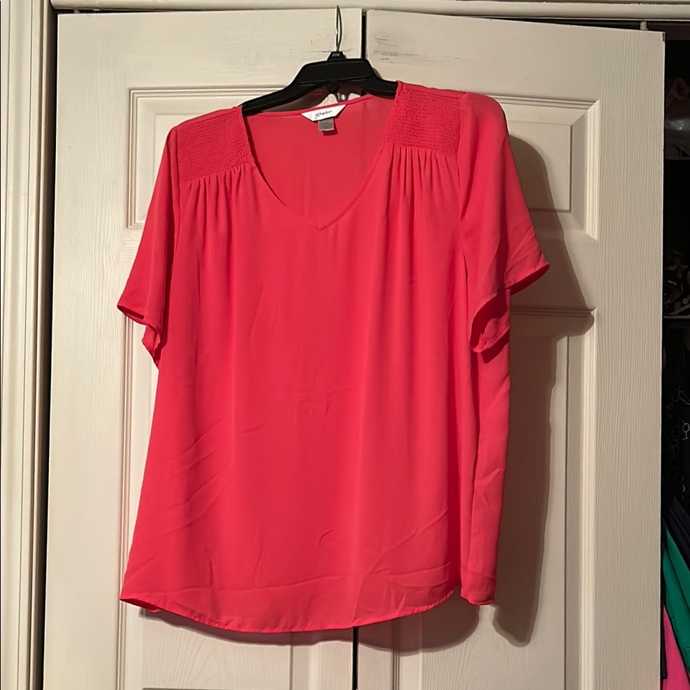 CJ Banks 1X - Coral - Relaxed Blouse with V-Neck, Gathering Front Shoulder